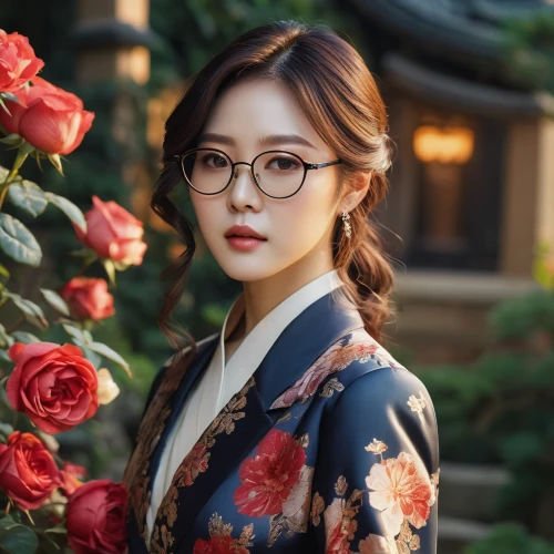 hanbok,with glasses,beautiful girl with flowers,vintage floral,floral japanese,floral,librarian,glasses,korean drama,floral frame,eyeglasses,lotte,korean,kimjongilia,pink glasses,with roses,eye glasses,kdrama,japanese floral background,rose blossom,Conceptual Art,Oil color,Oil Color 07