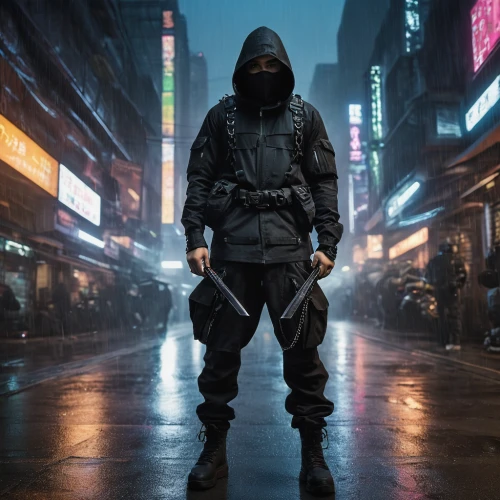 cyberpunk,mute,rain suit,assassin,high-visibility clothing,merc,vigil,hk,renegade,mercenary,dystopian,shinobi,ballistic vest,rain pants,parka,hooded man,pedestrian,protective suit,ranger,monsoon banner,Photography,General,Natural