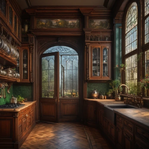 victorian kitchen,apothecary,kitchen interior,dark cabinetry,pantry,cabinetry,cabinets,the kitchen,vintage kitchen,kitchen,wooden windows,kitchen cabinet,chemical laboratory,kitchen design,pharmacy,candlemaker,dandelion hall,dark cabinets,big kitchen,china cabinet,Photography,General,Fantasy