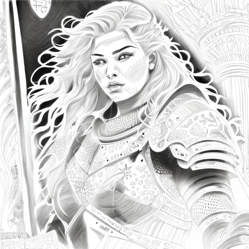 female warrior,joan of arc,fantasy portrait,celtic queen,heroic fantasy,digital drawing,paladin,warrior woman,fantasy warrior,sci fiction illustration,coloring page,jaya,pencils,mono-line line art,fantasy art,grayscale,fantasy woman,digital illustration,detail shot,line-art,Design Sketch,Design Sketch,Character Sketch