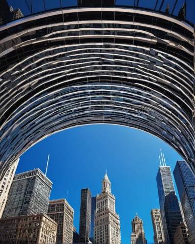 three centered arch,hudson yards,steel construction,semi circle arch,round arch,the loop,calatrava,chicago,1 wtc,1wtc,chicago skyline,bridge arch,financial district,glass building,structural glass,cloud shape frame,futuristic architecture,tied-arch bridge,stone arch,chi,Illustration,Abstract Fantasy,Abstract Fantasy 03