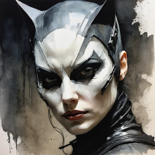 catwoman,huntress,feline look,cat eye,feline,the enchantress,lokportrait,face paint,sting,chartreux,evil woman,cat warrior,widow,black cat,bat,with the mask,cat eyes,darth talon,cowl vulture,masque,Illustration,Abstract Fantasy,Abstract Fantasy 18