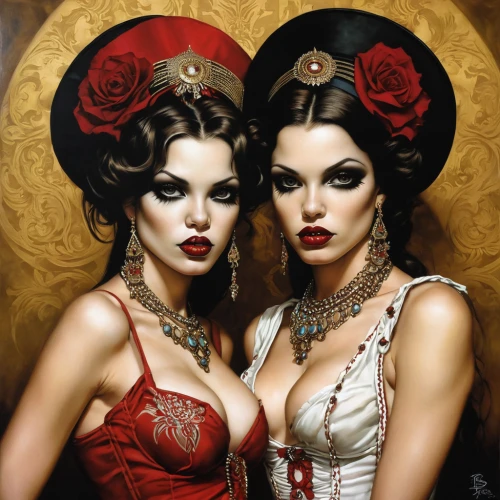 red roses,gothic portrait,fantasy art,queen of hearts,porcelain dolls,vamps,vintage girls,venetian mask,red rose,orientalism,red double,two beauties,the carnival of venice,twin flowers,angel and devil,valentine day's pin up,vintage art,victorian style,joint dolls,pin up girls,Illustration,Realistic Fantasy,Realistic Fantasy 10