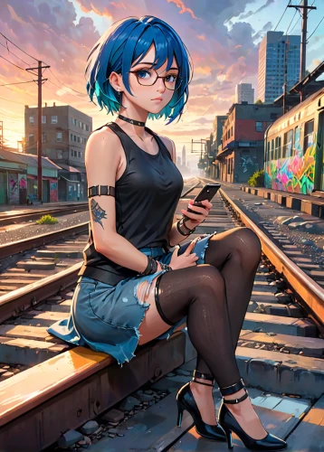 2d,the girl at the station,sonoda love live,bookworm,holding ipad,girl studying,anime girl,reading,railroad track,girl sitting,anime 3d,anime,world digital painting,railroad,reading glasses,railroad crossing,novel,author,pianist,librarian,Anime,Anime,General
