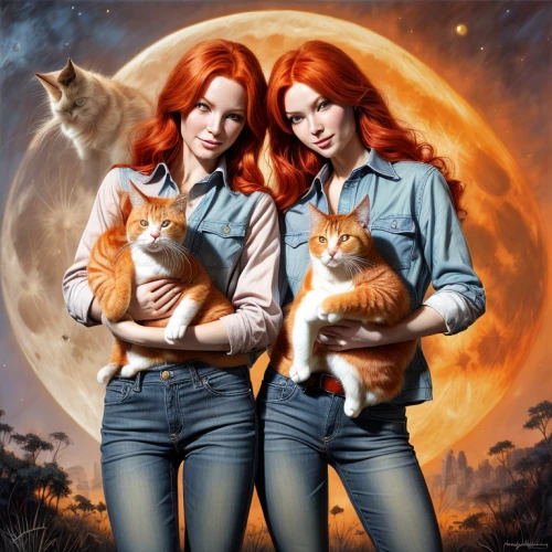 firestar,red tabby,redheads,cat lovers,ginger cat,cat family,ginger family,felines,fantasy picture,capricorn kitz,red cat,two cats,sci fiction illustration,fantasy art,turkish van,cats,kittens,mirror image,the cat and the,lionesses