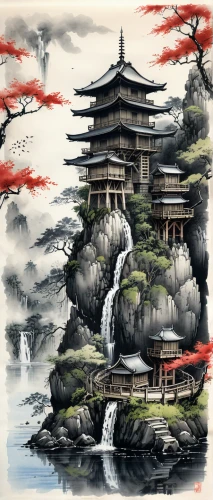oriental painting,japan landscape,japanese art,cool woodblock images,asian architecture,forbidden palace,japanese background,chinese art,world digital painting,tsukemono,chinese architecture,japanese architecture,kyoto,landscape background,water palace,oriental,chinese temple,fantasy landscape,hanging temple,shinto,Illustration,Paper based,Paper Based 30
