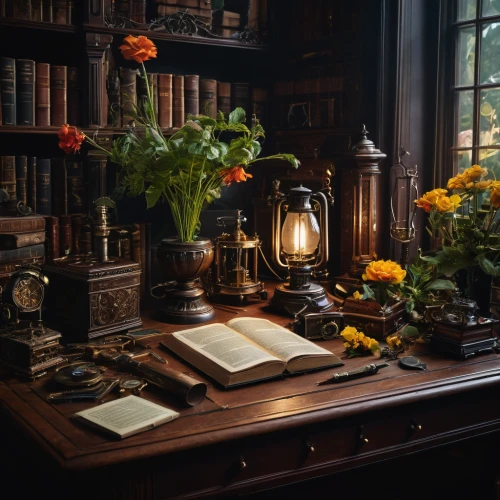 writing desk,dandelion hall,reading room,victorian style,bookshelves,apothecary,book antique,flower arranging,autumn still life,victorian,witch's house,study room,autumn decor,old library,the victorian era,still life photography,bookcase,antique table,ornate room,bookshop,Photography,General,Fantasy