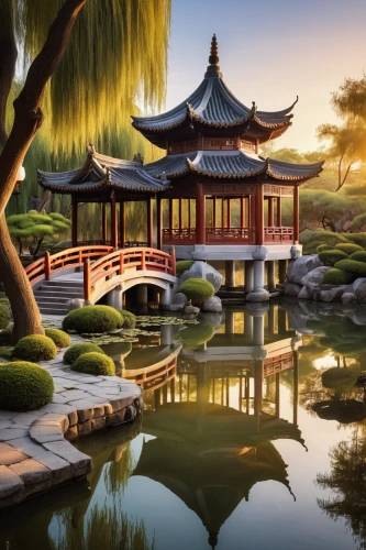 asian architecture,chinese architecture,the golden pavilion,oriental painting,japanese garden,golden pavilion,japanese garden ornament,lotus pond,chinese art,chinese temple,world digital painting,oriental,landscape background,suzhou,lily pond,lotus on pond,zen garden,japan garden,chinese background,forbidden palace,Illustration,Paper based,Paper Based 09