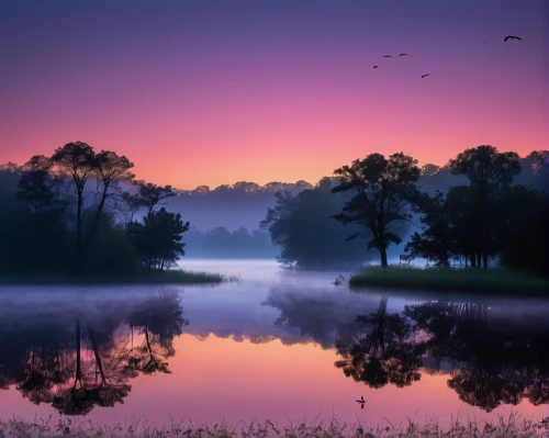 purple landscape,foggy landscape,evening lake,morning mist,bayou,pink dawn,tranquility,river landscape,beautiful lake,beautiful landscape,splendid colors,before dawn,calm water,south carolina,nature landscape,freshwater marsh,before the dawn,landscape photography,australian mist,fog banks,Illustration,Japanese style,Japanese Style 16