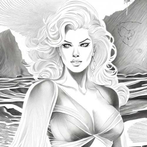 siren,aphrodite,the blonde in the river,aphrodite's rock,aquaman,the sea maid,triton,silver surfer,fantasy woman,the beach pearl,god of the sea,marilyn,ice queen,merfolk,rogue wave,detail shot,mono-line line art,cybele,siren point,marylin monroe,Design Sketch,Design Sketch,Character Sketch
