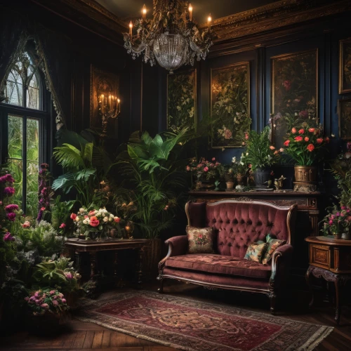 ornate room,victorian,victorian style,dandelion hall,sitting room,bach flower therapy,conservatory,interiors,flower arranging,the victorian era,vintage botanical,rococo,royal interior,house plants,floral decorations,secret garden of venus,vintage flowers,interior decor,floral corner,the living room of a photographer,Photography,General,Fantasy