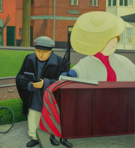 man on a bench,man with umbrella,pensioner,woman with ice-cream,seller,carol colman,grant wood,street scene,vendor,postmasters,street organ,olle gill,pensioners,peddler,elderly man,meticulous painting,carol m highsmith,contemporary witnesses,old couple,public art,Illustration,Realistic Fantasy,Realistic Fantasy 11