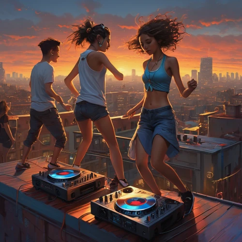 rooftops,rooftop,on the roof,roof top,electronic music,above the city,roof terrace,dance club,dj party,thorens,roofs,hip hop music,city youth,music,highline,music player,boombox,sci fiction illustration,dance pad,block party,Illustration,Realistic Fantasy,Realistic Fantasy 28