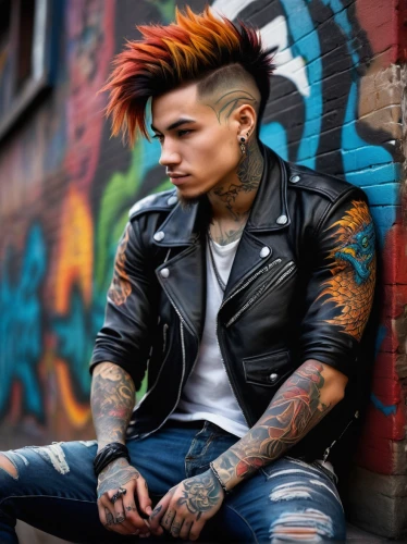 punk,mohawk hairstyle,mohawk,punk design,pompadour,rockabilly style,pomade,rocker,rockabilly,tattoos,with tattoo,quiff,leather jacket,red brick wall,feathered hair,tattooed,ryan navion,trespassing,male model,denim background,Illustration,Realistic Fantasy,Realistic Fantasy 34