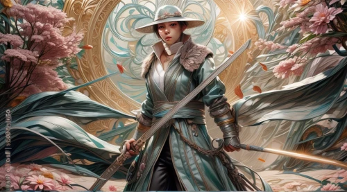 yi sun sin,elven,the wanderer,fantasy portrait,scythe,fantasy art,mage,swordsman,xing yi quan,geisha,amano,shuanghuan noble,parasol,pilgrim,jrr tolkien,swordswoman,elven flower,cg artwork,imperial coat,samurai