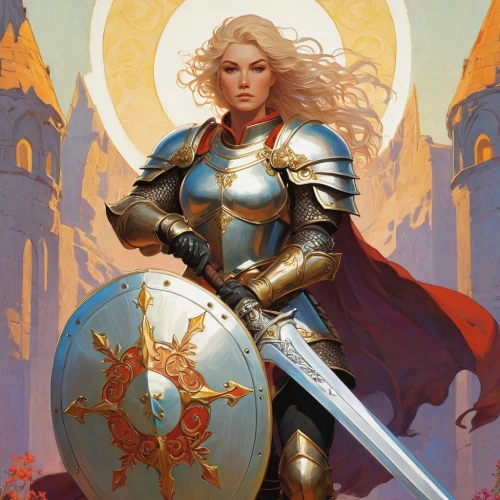 joan of arc,paladin,female warrior,warrior woman,crusader,knight,protectors,eufiliya,archangel,strong woman,fantasy portrait,strong women,fantasy warrior,artemisia,goddess of justice,heroic fantasy,fantasy woman,dove of peace,blonde woman,minerva,Illustration,Paper based,Paper Based 19