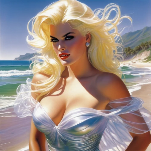 the sea maid,aphrodite,mamie van doren,the blonde in the river,blonde woman,fantasy woman,aphrodite's rock,fantasy art,marylyn monroe - female,annemone,beach background,blond girl,the beach pearl,marylin monroe,sea breeze,fantasy picture,blonde girl,the wind from the sea,vintage angel,white lady,Conceptual Art,Fantasy,Fantasy 20