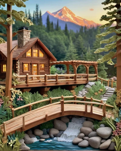 wooden bridge,log bridge,log cabin,scenic bridge,summer cottage,the cabin in the mountains,house in the mountains,log home,idyllic,house in mountains,house in the forest,small cabin,home landscape,alpine village,miniature house,cottage,humpback bridge,house by the water,house with lake,wooden construction,Unique,Paper Cuts,Paper Cuts 09