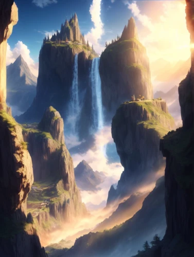 meteora,fantasy landscape,backgrounds,mountain world,canyon,cartoon video game background,landscape background,mountainous landforms,chasm,mountainous landscape,beauty scene,background screen,futuristic landscape,high landscape,heaven gate,mount scenery,background with stones,wasserfall,mountain landscape,the natural scenery