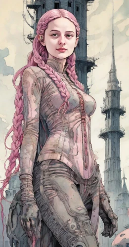 rapunzel,hag,sci fiction illustration,fantasy woman,fantasy portrait,girl with a wheel,the enchantress,violet head elf,heroic fantasy,silphie,queen cage,elaeis,girl in a historic way,post apocalyptic,sky rose,fae,pink quill,pink lady,pink dawn,pink octopus,Digital Art,Watercolor