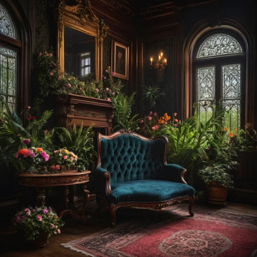 victorian,victorian style,ornate room,sitting room,dandelion hall,floral chair,victorian house,conservatory,house plants,interiors,the victorian era,antique furniture,bach flower therapy,vintage flowers,interior decor,chaise lounge,the throne,secret garden of venus,flower arranging,houseplant,Photography,General,Fantasy