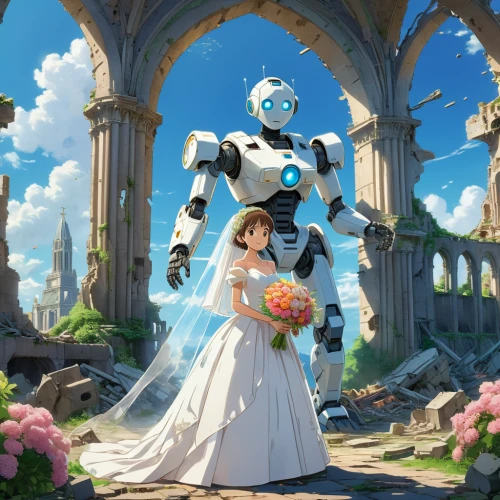 silver wedding,sun bride,bride and groom,wedding couple,bridal,wedding photo,bride,the bride's bouquet,just married,wedding ceremony,groom bride,violet evergarden,wedding icons,wedding dress,holding flowers,studio ghibli,wedding dress train,the ceremony,flower delivery,bridegroom,Illustration,Japanese style,Japanese Style 01