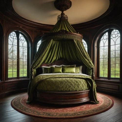 canopy bed,four-poster,four poster,ornate room,great room,wade rooms,sleeping room,bay window,intensely green hornbeam wallpaper,fairy tale castle,grandfather clock,dandelion hall,bedding,guest room,bedroom,billiard room,art nouveau design,bedroom window,danish room,window treatment,Photography,General,Fantasy