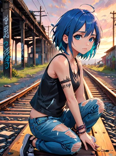 2d,railroad track,railroad,railroad crossing,rail road,tracks,railroad tracks,railway track,railtrack,rail track,red and blue heart on railway,railway tracks,track,blue rose near rail,sonoda love live,the girl at the station,railroad line,railway crossing,railway,train,Anime,Anime,Realistic
