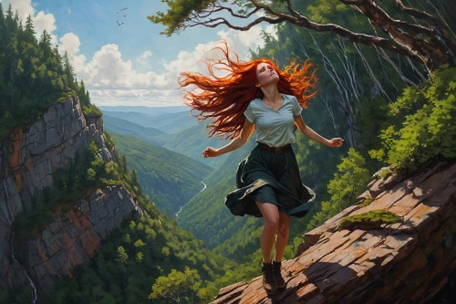 little girl in wind,merida,mountain spirit,world digital painting,the spirit of the mountains,girl with tree,fantasy picture,mountain hiking,forest background,tree top path,fairies aloft,mountain scene,mountain guide,hike,fantasy art,landscape background,sci fiction illustration,treeing feist,digital painting,leap of faith,Conceptual Art,Fantasy,Fantasy 15