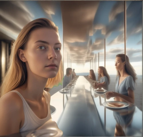 digital compositing,breakfast on board of the iron,retro diner,girl in the kitchen,woman at cafe,ufo interior,passengers,photomanipulation,visual effect lighting,diner,conceptual photography,mirrors,sky space concept,futuristic art museum,fine dining restaurant,photo manipulation,train of thought,girl with cereal bowl,dining,girl on the boat