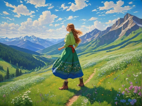 little girl in wind,alpine meadow,sound of music,the spirit of the mountains,rapunzel,merida,girl in a long dress,mountain meadow,landscape background,mountain scene,girl picking flowers,green meadow,springtime background,princess anna,spring morning,girl in flowers,meadow landscape,alpine meadows,heidi country,field of flowers,Art,Classical Oil Painting,Classical Oil Painting 27