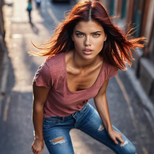 girl in t-shirt,female model,portrait photography,girl walking away,jeans background,young woman,portrait photographers,sprint woman,woman walking,sofia,high jeans,jeans,burning hair,beautiful young woman,sexy woman,fierce,attractive woman,in a shirt,warm colors,orange color,Photography,General,Commercial