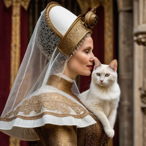 the carnival of venice,cat european,white cat,haute couture,the hat of the woman,figaro,beautiful bonnet,bridal clothing,white fur hat,wedding icons,she-cat,birman,cat image,downton abbey,mother of the bride,the angel with the veronica veil,suit of the snow maiden,puy du fou,fairy tale,a fairy tale,Illustration,Realistic Fantasy,Realistic Fantasy 13
