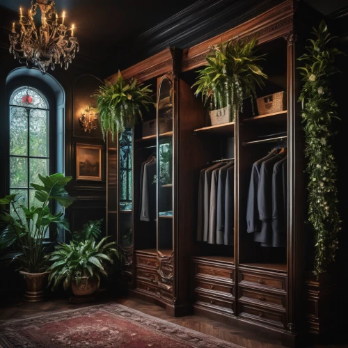 walk-in closet,wardrobe,closet,armoire,women's closet,boutique,ornate room,interior design,men's wear,china cabinet,dressing room,great room,the consignment,dark cabinetry,showroom,room divider,luxury items,hallway space,shop fittings,menswear,Photography,General,Fantasy