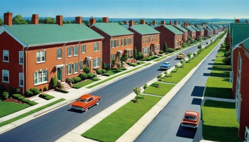 housing estate,row houses,new housing development,townhouses,row of houses,north american fraternity and sorority housing,houses clipart,blocks of houses,apartment buildings,residential area,suburban,housing,red brick,housebuilding,model years 1958 to 1967,street plan,chestnut avenue,paved square,block of houses,suburbs,Conceptual Art,Sci-Fi,Sci-Fi 19