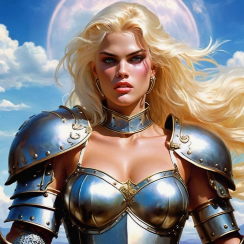 female warrior,heroic fantasy,fantasy woman,massively multiplayer online role-playing game,warrior woman,breastplate,fantasy art,fantasy portrait,fantasy warrior,joan of arc,paladin,fantasy picture,strong woman,strong women,blonde woman,hard woman,zodiac sign libra,sci fiction illustration,goddess of justice,world digital painting