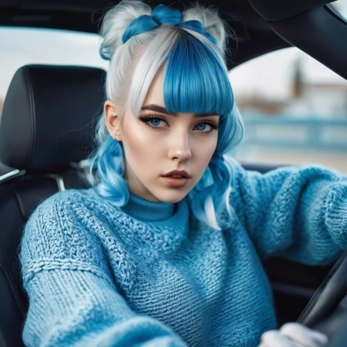 girl in car,blue hair,woman in the car,in car,girl and car,elle driver,denim bow,bonnet,electric blue,car model,behind the wheel,backseat,baby blue,passenger,car seat,blue checkered,car dashboard,car,beret,winterblueher,Photography,Fashion Photography,Fashion Photography 26