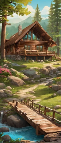 summer cottage,log home,the cabin in the mountains,wooden bridge,log bridge,log cabin,wooden pier,house in the mountains,landscape background,house by the water,house in mountains,house with lake,cottage,home landscape,idyllic,salt meadow landscape,house in the forest,lodge,chalet,wooden house,Illustration,Vector,Vector 19