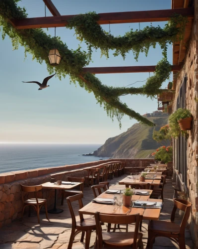 outdoor dining,beach restaurant,carmel by the sea,thracian cliffs,pergola,alpine restaurant,outdoor table and chairs,uluwatu,roof terrace,cliff coast,coffee bay,terrace,outdoor table,fine dining restaurant,monterey,a restaurant,mediterranean cuisine,bistrot,ocean view,peloponnese,Photography,Documentary Photography,Documentary Photography 20