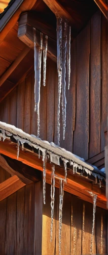 icicles,icicle,ice on the aft water,stalactite,water dripping,wooden beams,rain gutter,snow roof,wind chimes,frozen tears on railway,winter house,roof structures,wind chime,ice rain,fire sprinkler system,thermal insulation,wooden roof,frozen poop,alpine hut,cooling house,Conceptual Art,Oil color,Oil Color 07