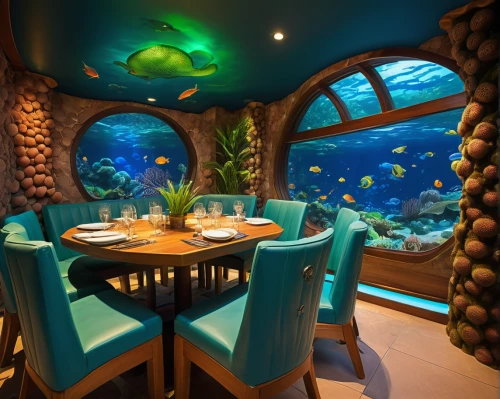 aquarium decor,fine dining restaurant,fish tank,underwater oasis,underwater playground,tropical fish,beach restaurant,under sea,aquarium lighting,aquarium,under the sea,floating restaurant,coral reef,a restaurant,reef tank,underwater background,coral reef fish,ocean paradise,marine tank,underwater world,Illustration,Realistic Fantasy,Realistic Fantasy 27