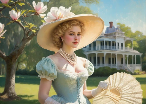 jane austen,victorian lady,southern belle,the hat of the woman,virginia sweetspire,parasol,woman holding pie,woman with ice-cream,the victorian era,woman's hat,magnolia,cinderella,holding flowers,victorian,queen anne,victorian style,linden blossom,doll's house,fantasy portrait,the hat-female,Art,Classical Oil Painting,Classical Oil Painting 44
