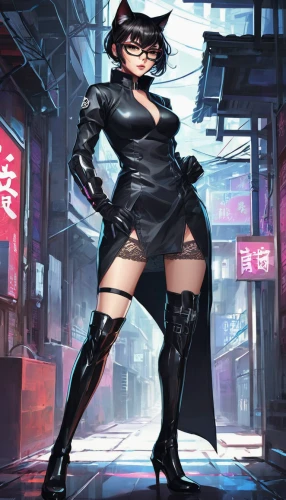 catwoman,black cat,cyber glasses,cyberpunk,yukio,cyber,hk,alley cat,sci fiction illustration,spy,masquerade,neo-burlesque,halloween black cat,streampunk,hong,femme fatale,agent provocateur,katana,game illustration,blind alley,Illustration,Japanese style,Japanese Style 06