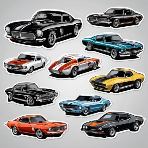 muscle car cartoon,american muscle cars,american classic cars,classic cars,iso grifo,muscle icon,muscle car,amc javelin,datsun sports,ford maverick,super cars,chevrolet ssr,dodge challenger,second generation ford mustang,vintage cars,mercury cyclone,shelby mustang,icon set,cars,miniature cars,Unique,Design,Sticker