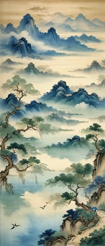 oriental painting,japanese art,chinese art,mountainous landscape,japan landscape,mountain scene,chinese clouds,river landscape,japanese mountains,mountain landscape,luo han guo,sea landscape,yi sun sin,cool woodblock images,junshan yinzhen,sea of clouds,landscape with sea,kimono fabric,coastal landscape,yunnan,Illustration,Paper based,Paper Based 23