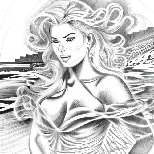 the sea maid,sea fantasy,girl on the boat,aphrodite,mono-line line art,star line art,siren,celtic queen,coloring page,aphrodite's rock,angel line art,art deco woman,queen mary 2,coloring picture,lineart,summer line art,digital drawing,line-art,digital artwork,fashion illustration,Design Sketch,Design Sketch,Character Sketch