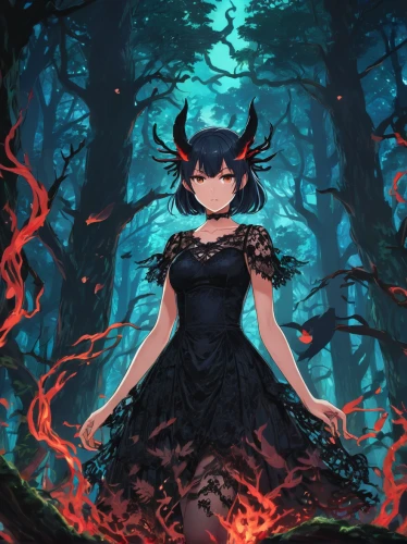 blood maple,forest dark,devilwood,embers,crow queen,black dragon,in the forest,haunted forest,fae,forest dragon,fire devil,forest fire,evil fairy,burning earth,forest background,the witch,walpurgis night,devil,forest,fire siren,Illustration,Japanese style,Japanese Style 03