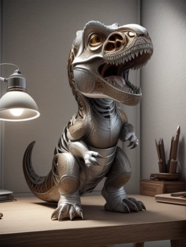 3d rendered,3d rendering,cinema 4d,3d render,visual effect lighting,3d model,3d modeling,digital compositing,desk lamp,led lamp,trex,t-rex,rubber dinosaur,landmannahellir,3d figure,saurian,t rex,palaeontology,b3d,raptor