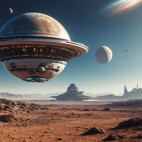 futuristic landscape,alien planet,extraterrestrial life,alien world,scifi,sci fi,exoplanet,sky space concept,gas planet,sci-fi,sci - fi,sci fiction illustration,planet mars,science fiction,space ships,desert planet,airships,flying saucer,science-fiction,red planet,Photography,General,Realistic