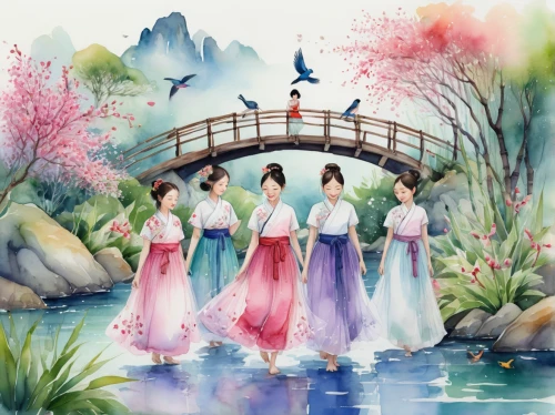 chinese art,oriental painting,hanbok,spring festival,hyang garden,blue birds and blossom,watercolor background,lotus pond,korean culture,korean folk village,ao dai,watercolor women accessory,dongfang meiren,spring greeting,flower painting,shanghai disney,peking opera,water lotus,fairy world,lily pond,Illustration,Paper based,Paper Based 06